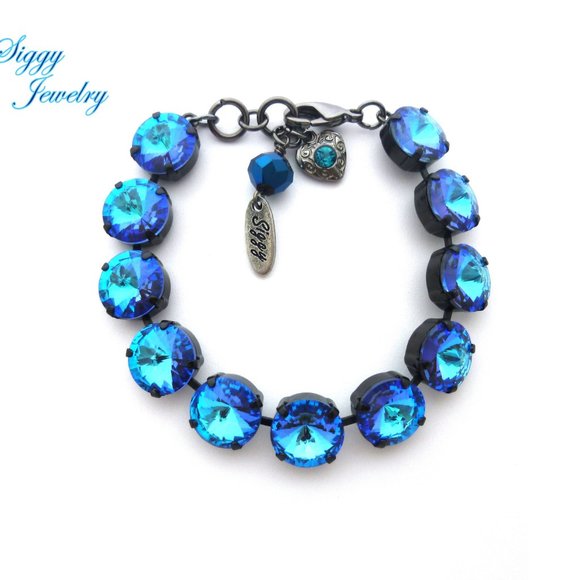 Royal Blue Delite Rivoli Crystal Bracelet, Large 12mm Rivoli, Noir black Finish - Picture 1 of 8